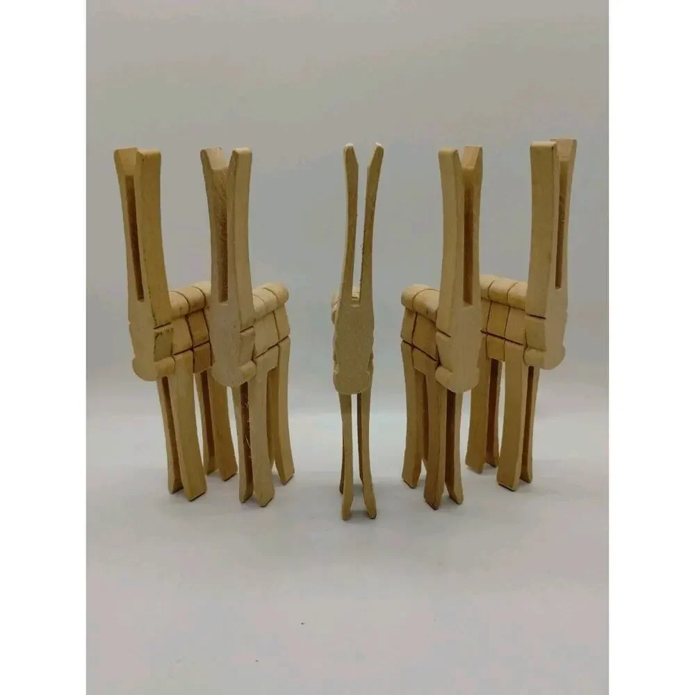 Vintage Unfinished Reindeer Wood Clothes Pin Set of 5 - 6.25” Tall Rudolph